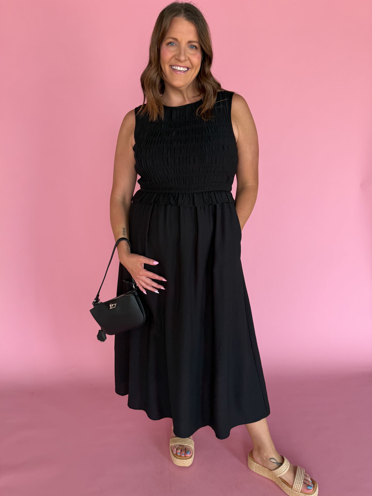 Smocked Bodice Midi Dress- Black - Ana Patricia Boutique