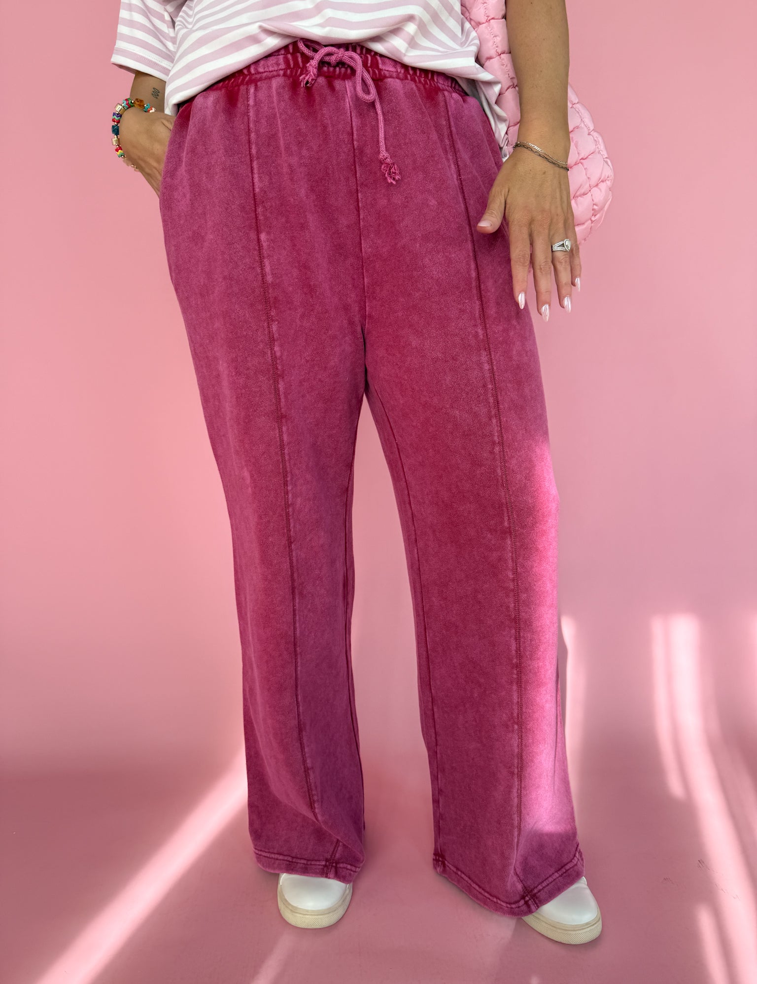 Acid Wash Wide Leg Pants-Red - Ana Patricia Boutique