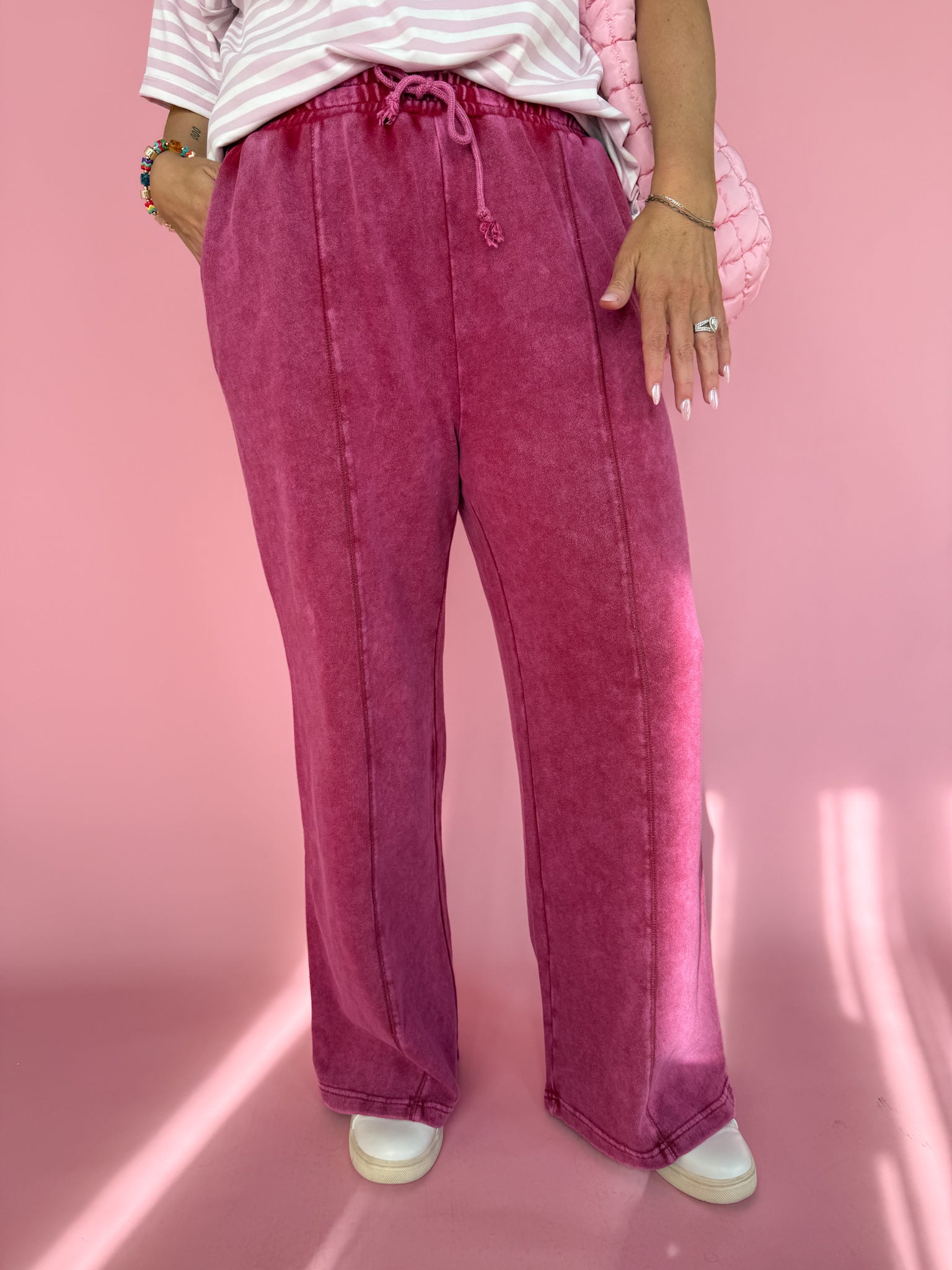 Acid Wash Wide Leg Pants-Red - Ana Patricia Boutique