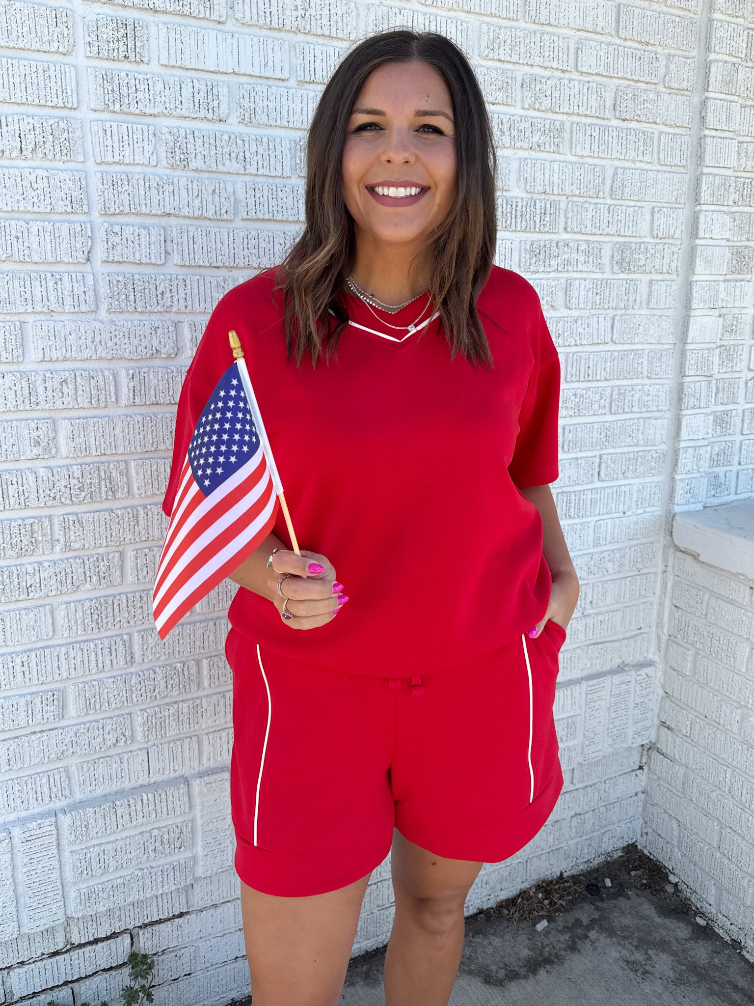 V Neck Piping Top- Red - Ana Patricia Boutique