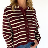 Collared Button Down Sweater- Wine/Ivory
