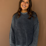 Mineral Wash Folded Cuff Sweater- Navy