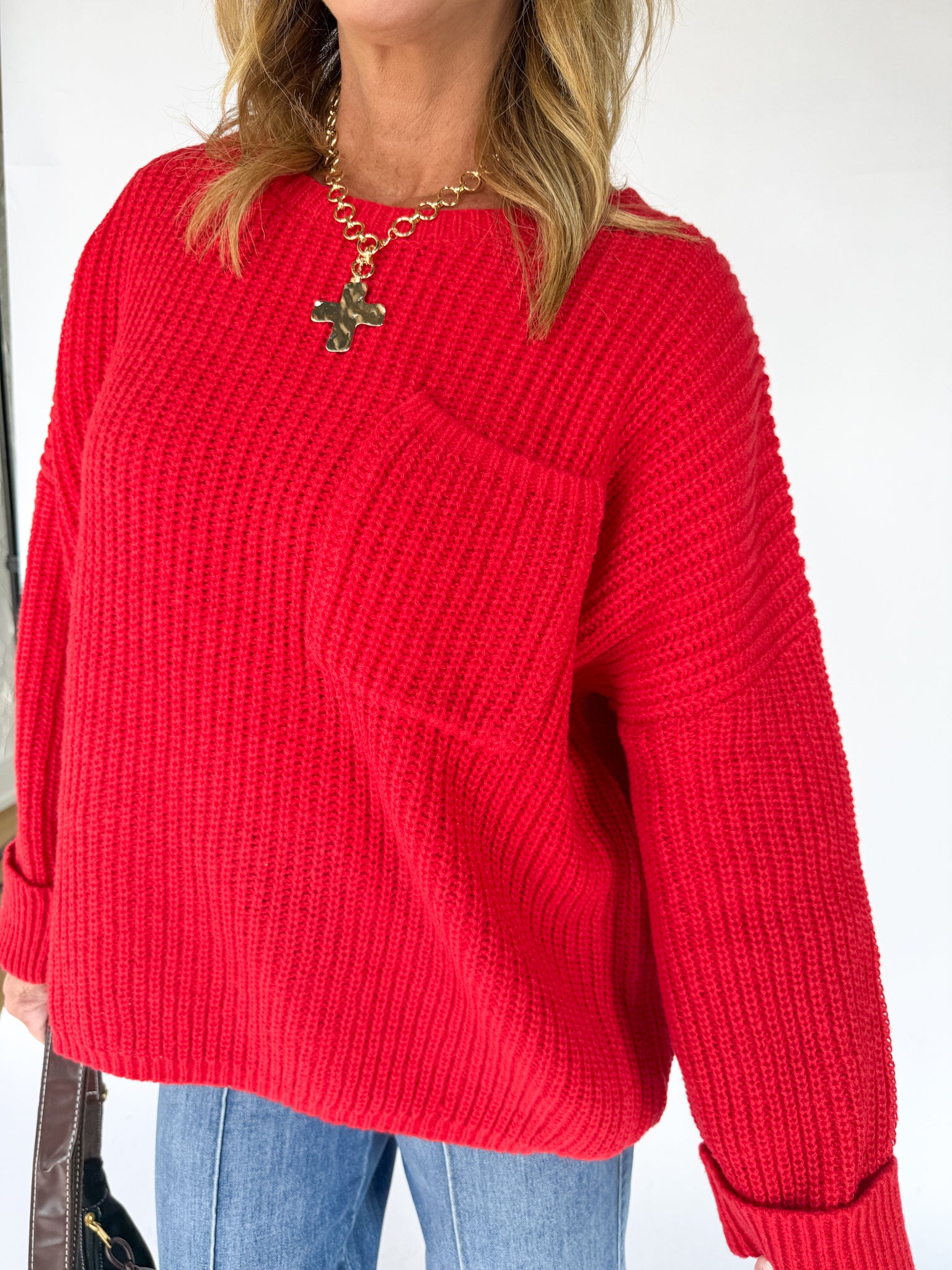 Oversized Front Pocket Sweater- Red - Ana Patricia Boutique