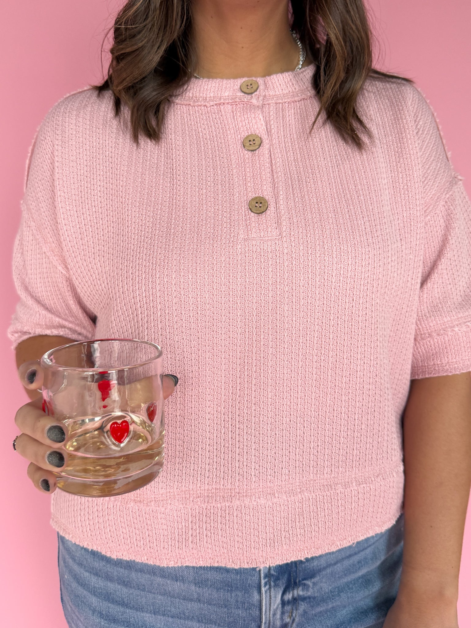 Henley Waffleknit Top- Pink - Ana Patricia Boutique