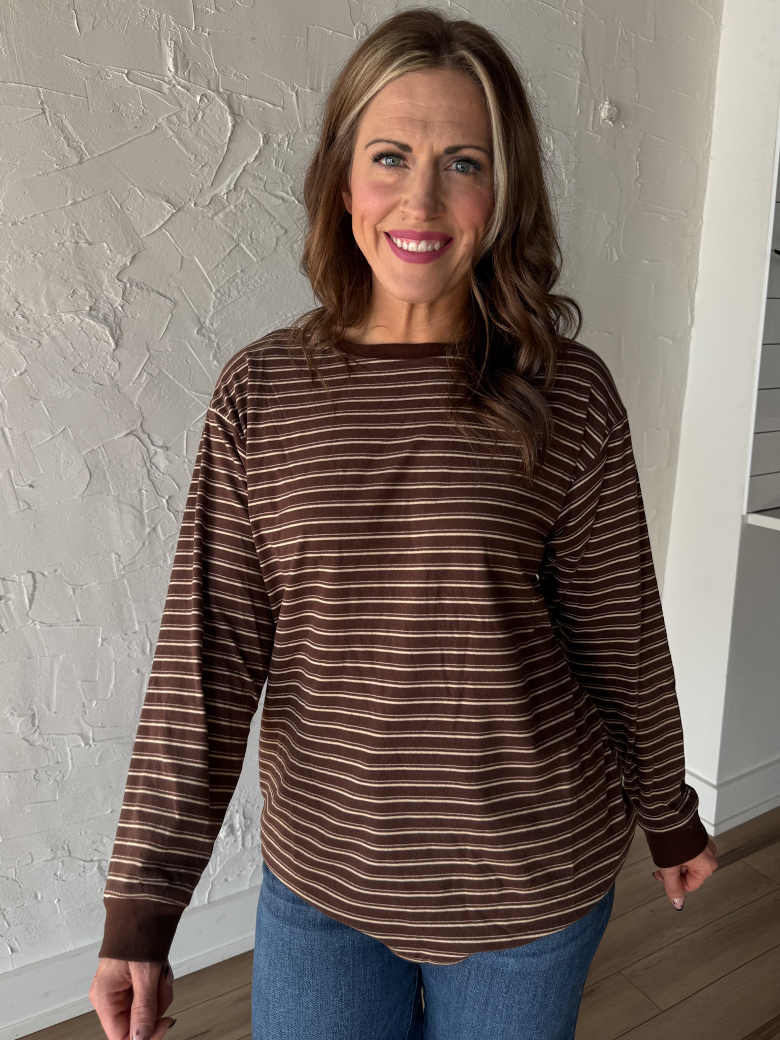 Striped Crewneck Top- Brown - Ana Patricia Boutique