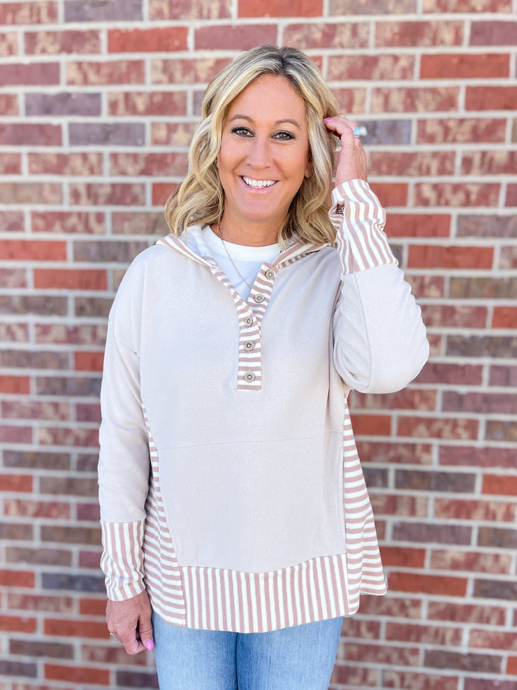 The Allie Stripe Pullover- Oatmeal/Latte