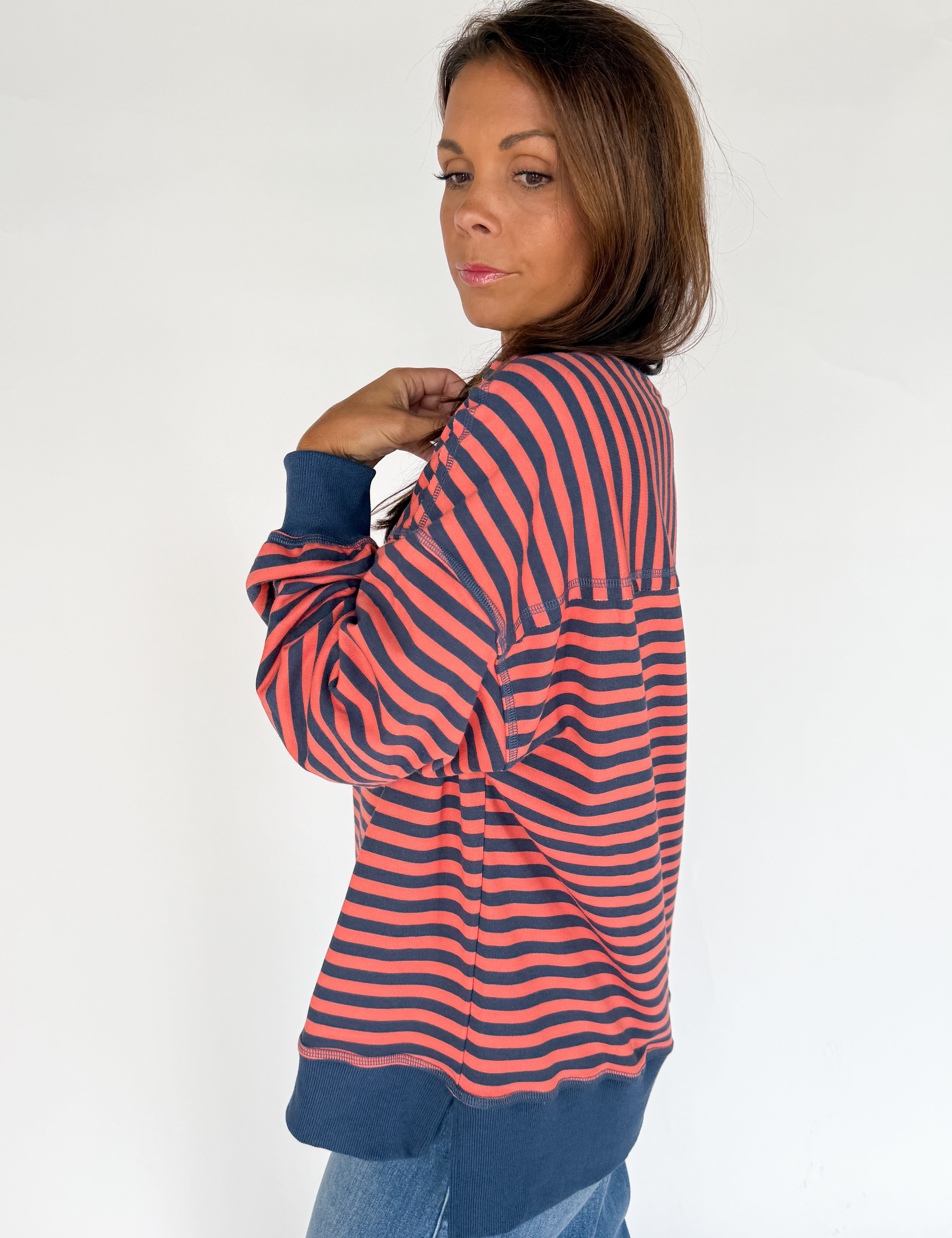Stripe Comfy  Pullover-Coral/Navy - Ana Patricia Boutique