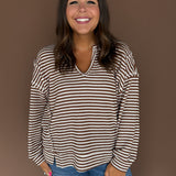 Split Neck Stripe Top- Mocha