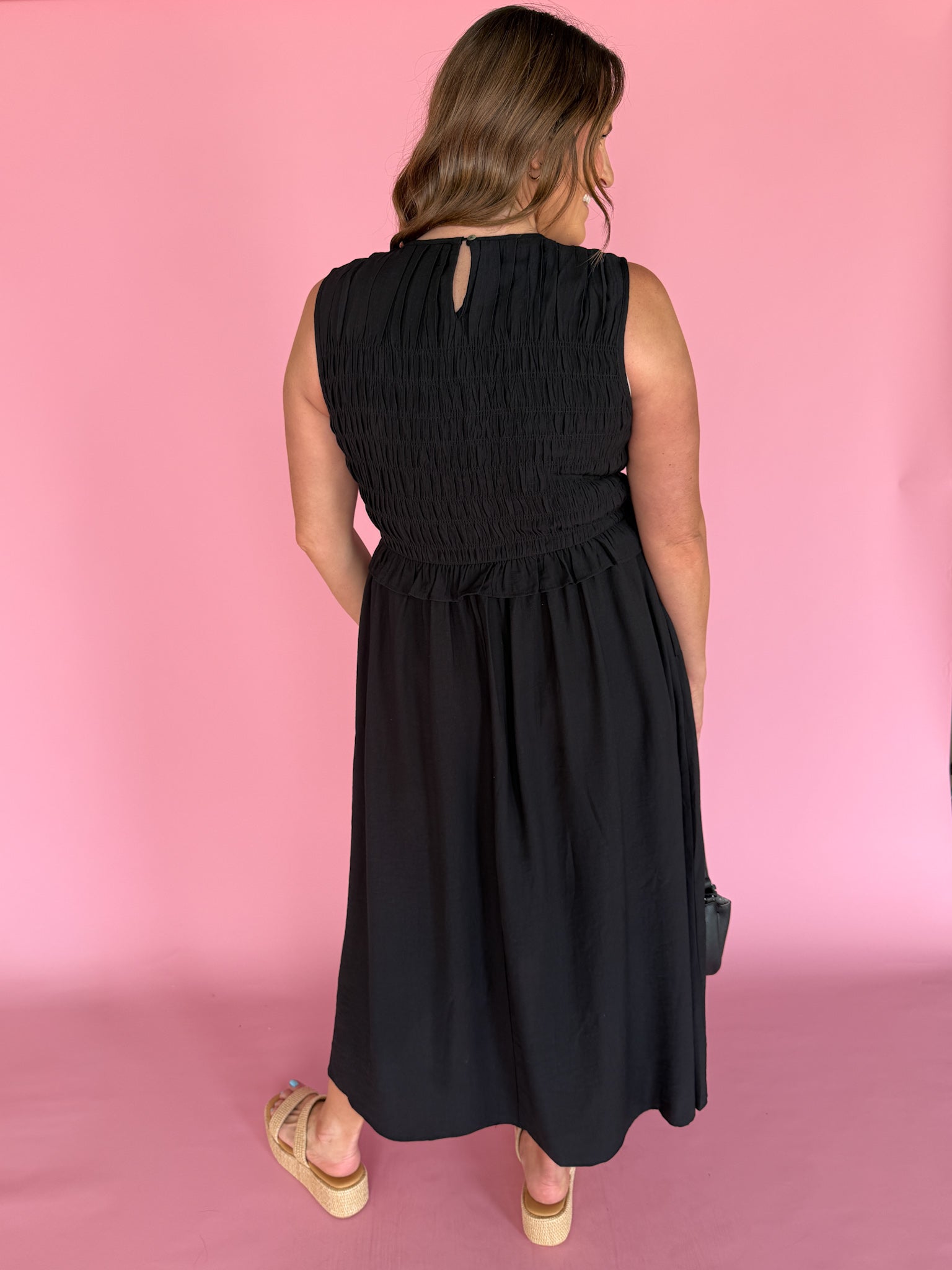 Smocked Bodice Midi Dress- Black - Ana Patricia Boutique