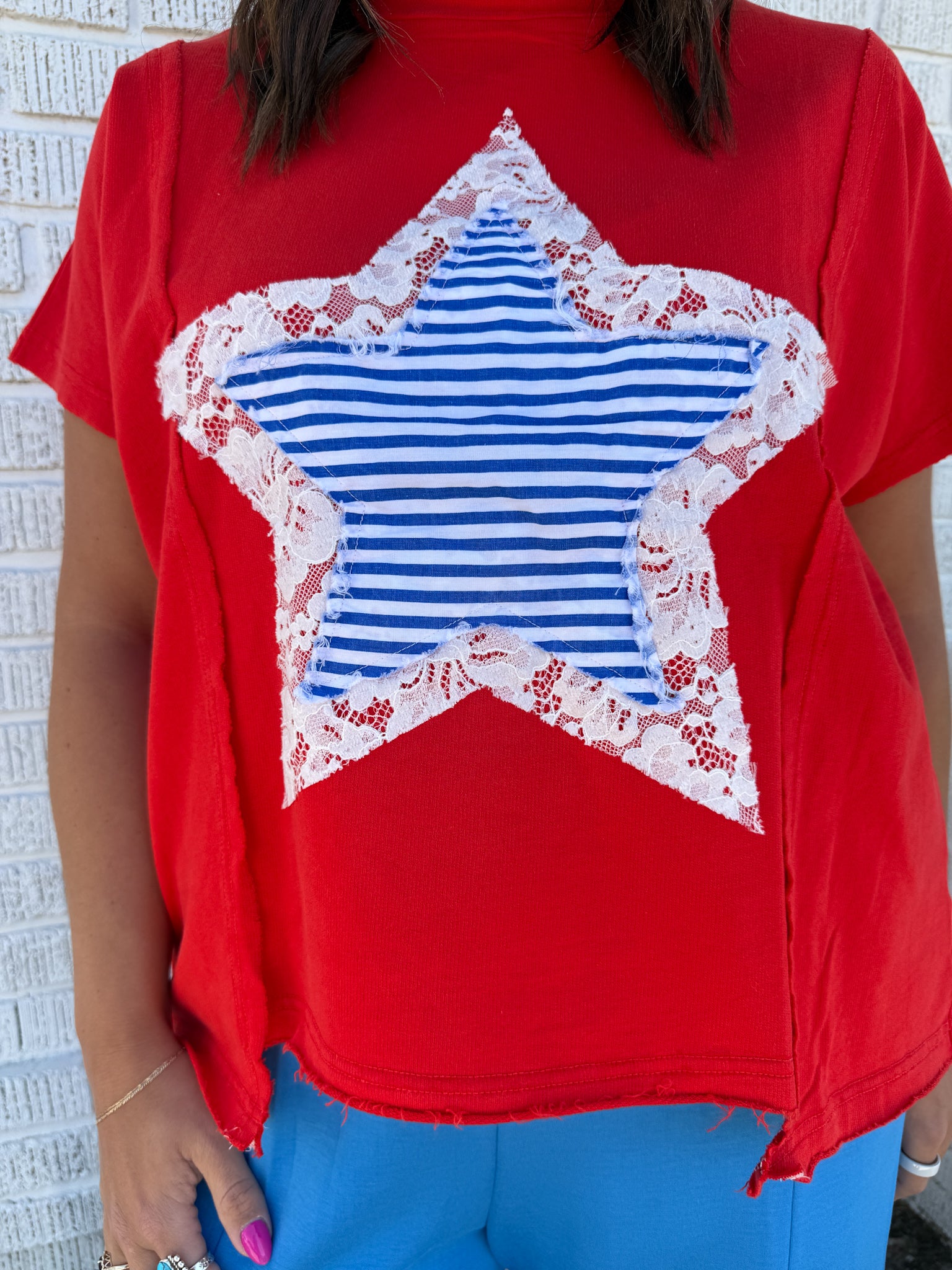 Star Lace Patch Top- Red - Ana Patricia Boutique