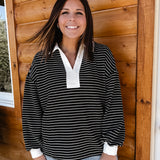 Contrast Collar Stripe Top- Black