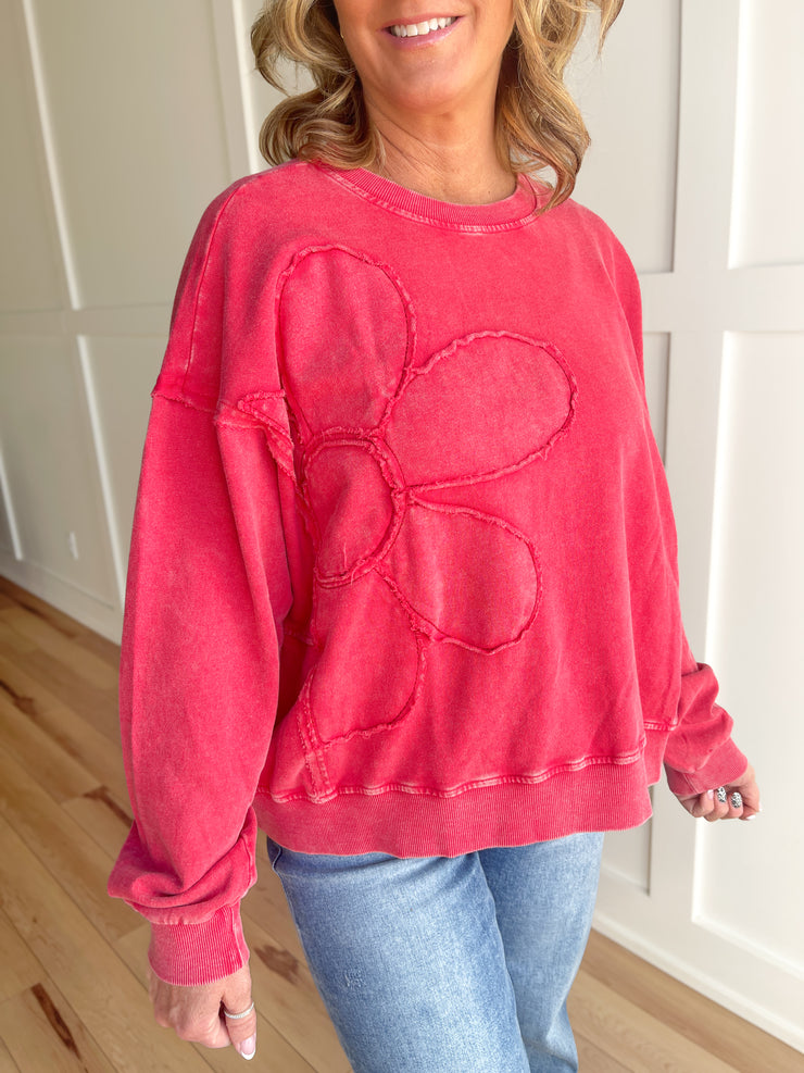 Patched Flower Pullover- Boho Red