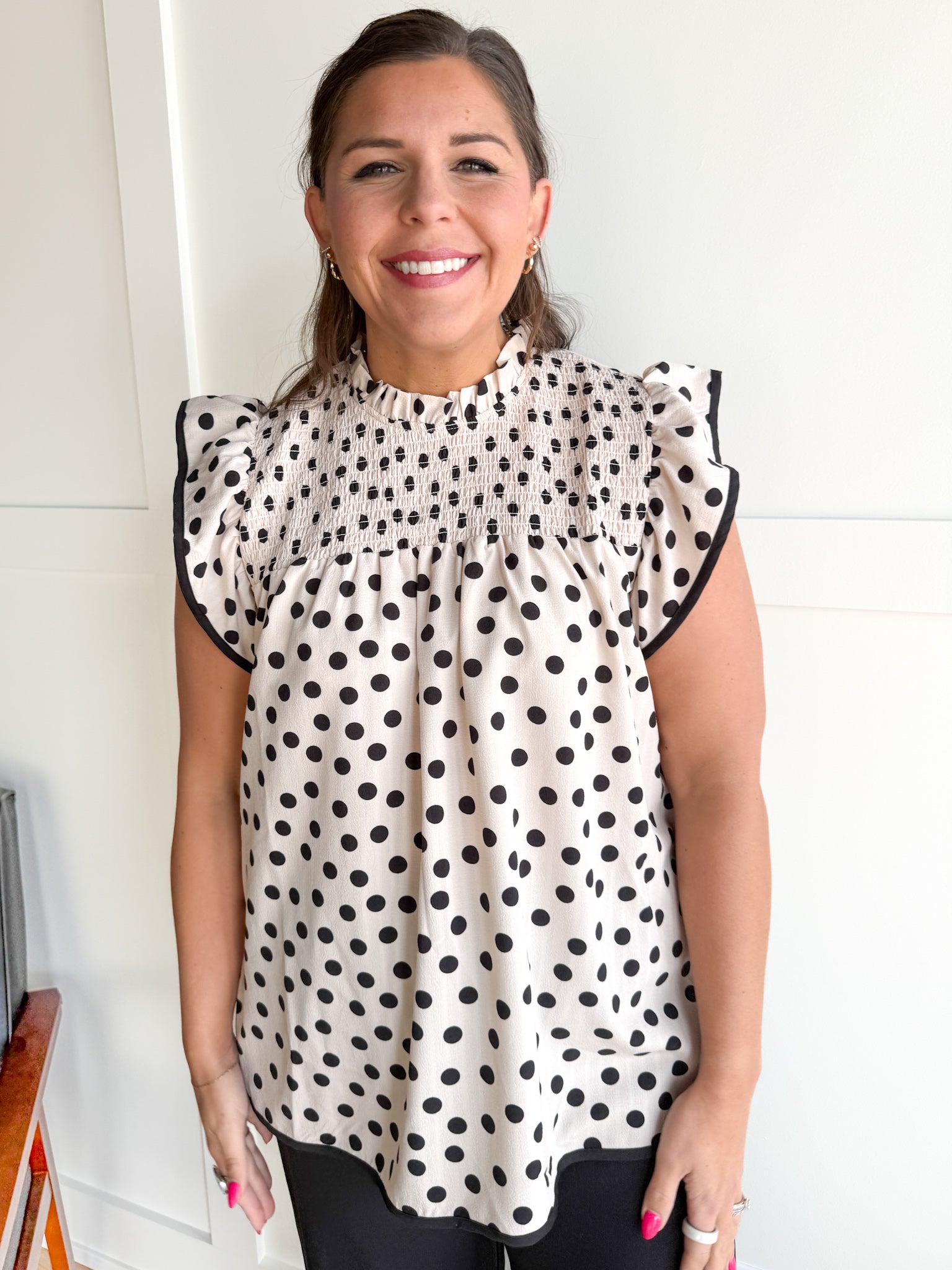 Polka Dot Smocked Top- Oatmeal - Ana Patricia Boutique