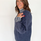 Mock Neck Stitched Sweater- Navy