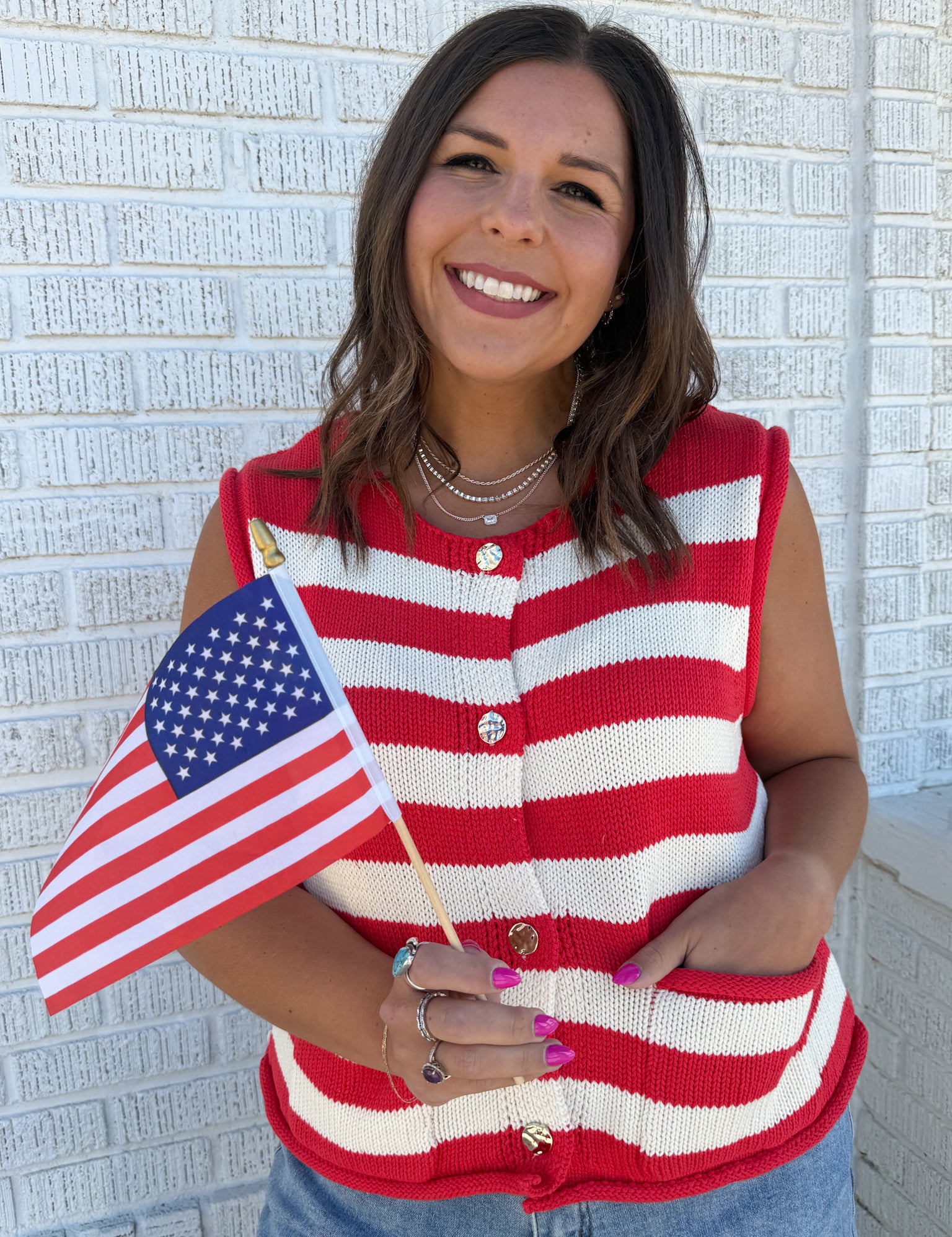 Stripe Button Down Knit Top- Red - Ana Patricia Boutique