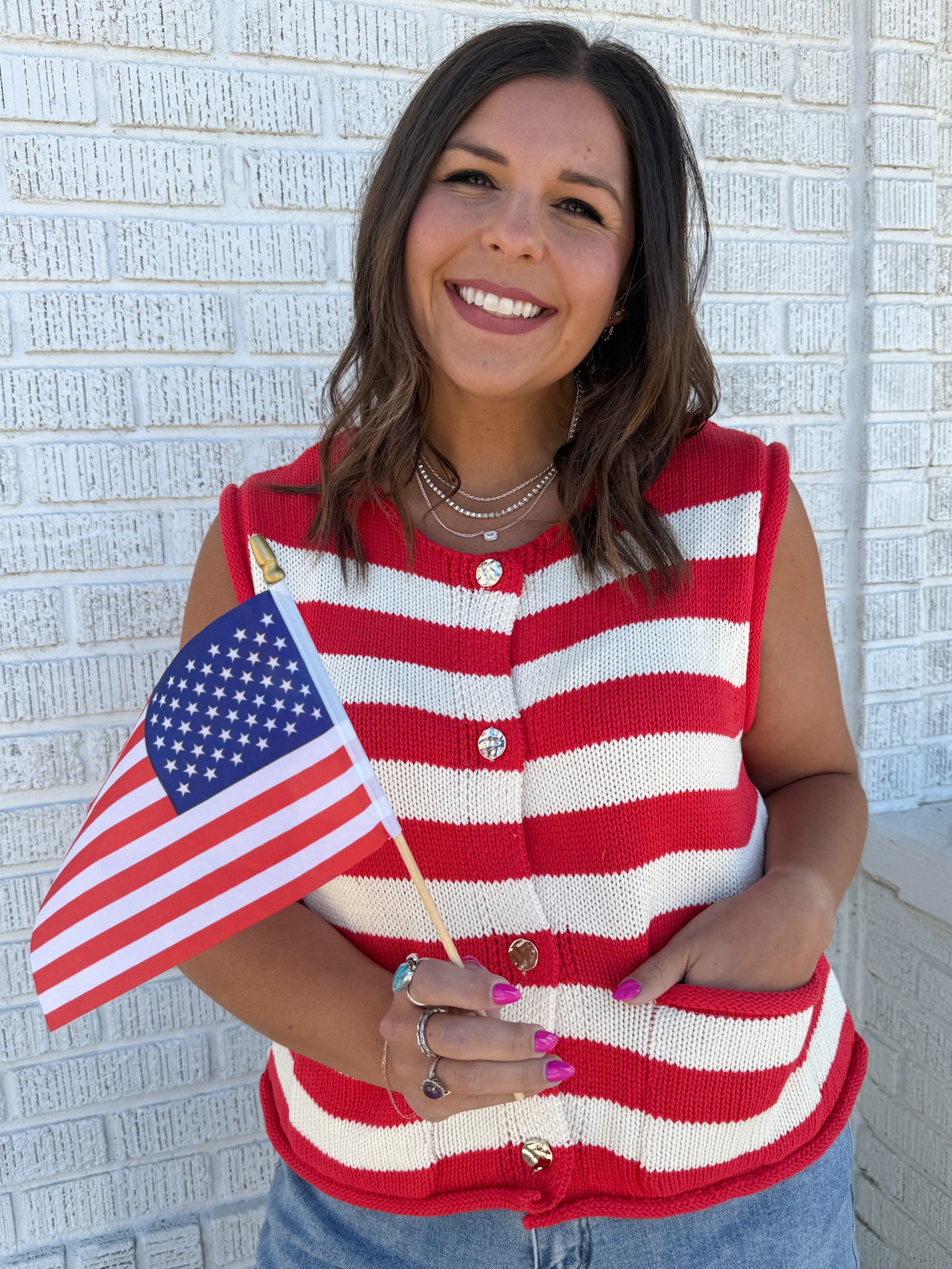 Stripe Button Down Knit Top- Red - Ana Patricia Boutique