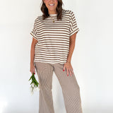 Striped Hi Lo Short Sleeve Top- Brown