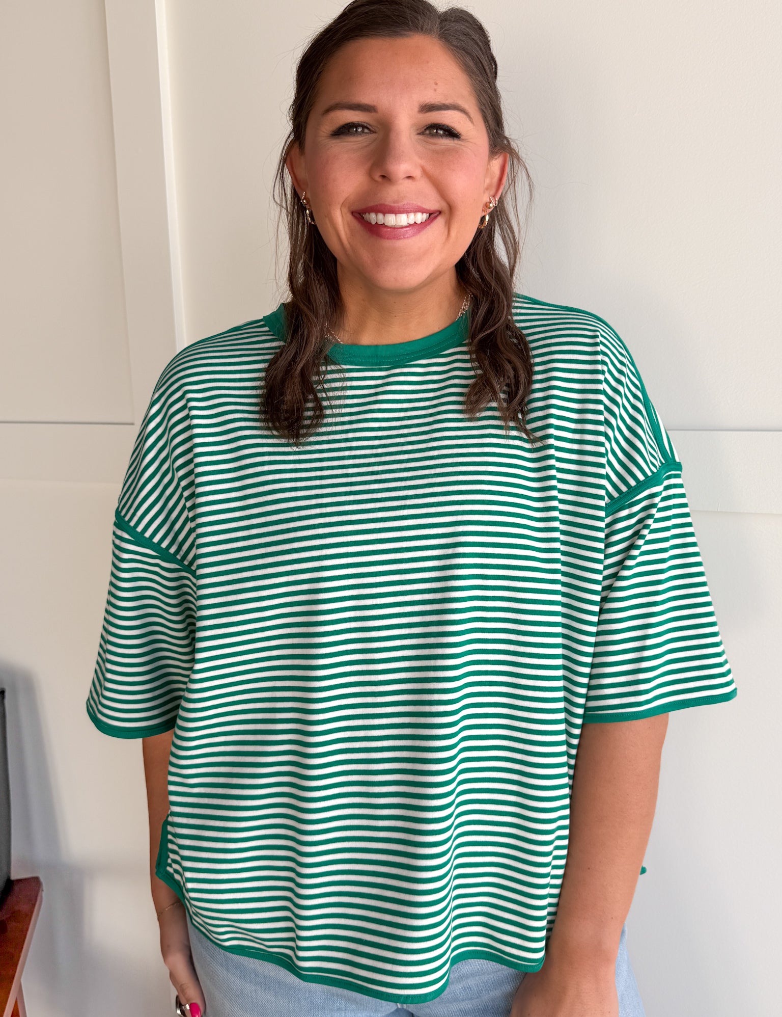 Oversized Stripe Tee- Green/White - Ana Patricia Boutique