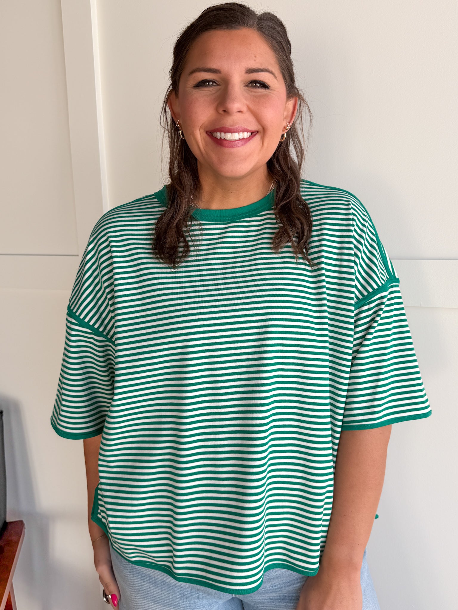 Oversized Stripe Tee- Green/White - Ana Patricia Boutique