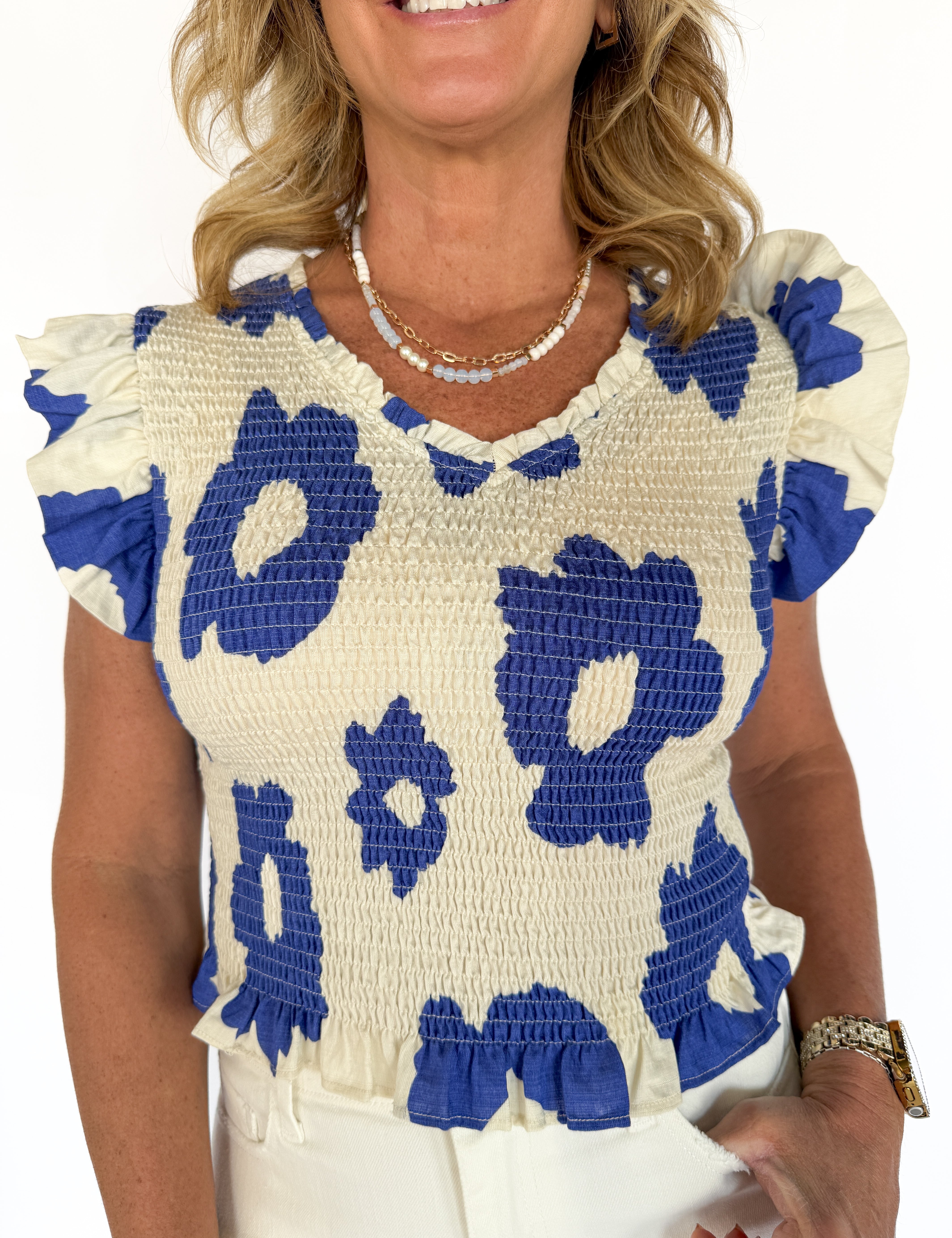 Smocked Floral Tank- Blue - Ana Patricia Boutique