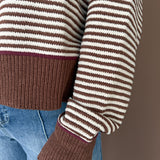Contrast Trim Stripe Knit Sweater-Brown