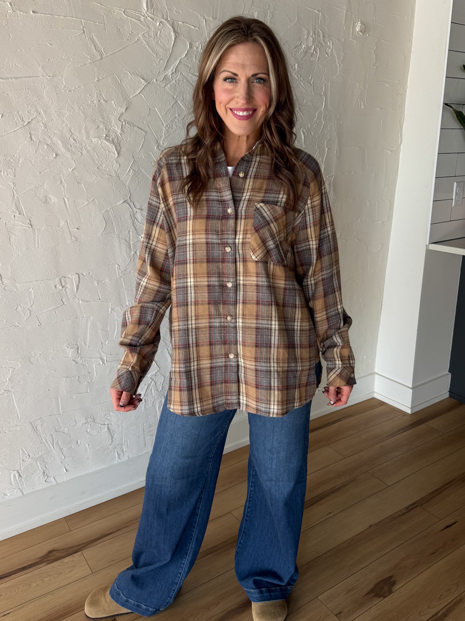 Oversized Plaid Button Up- Oatmeal - Ana Patricia Boutique