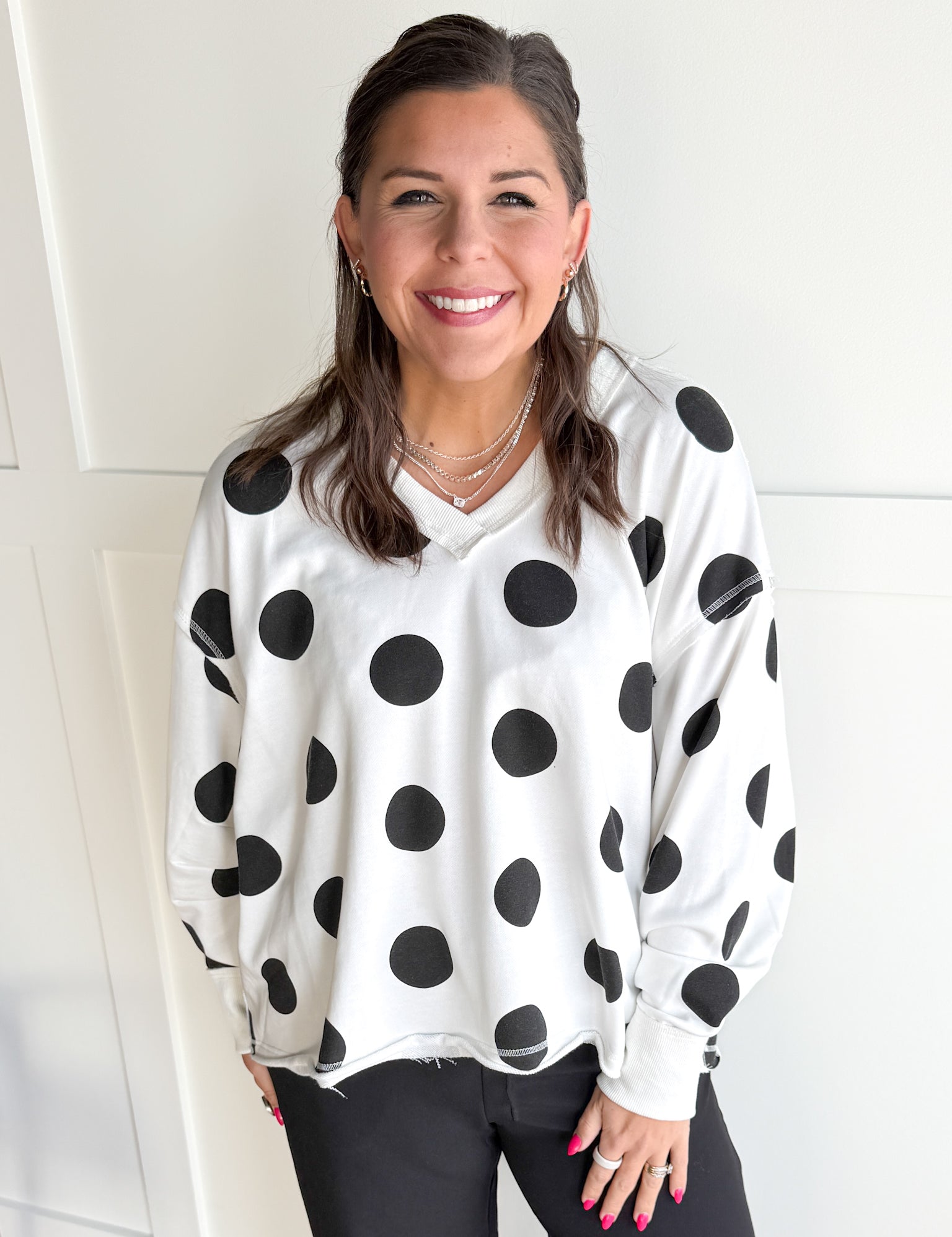 V Neck Polka Dot Pullover-Ivory/Black - Ana Patricia Boutique