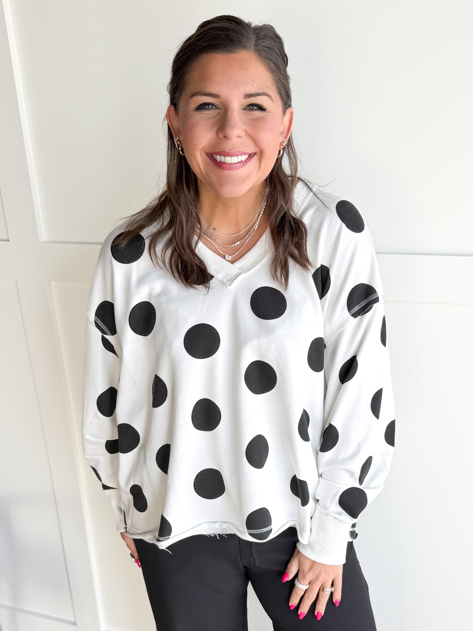 V Neck Polka Dot Pullover-Ivory/Black - Ana Patricia Boutique