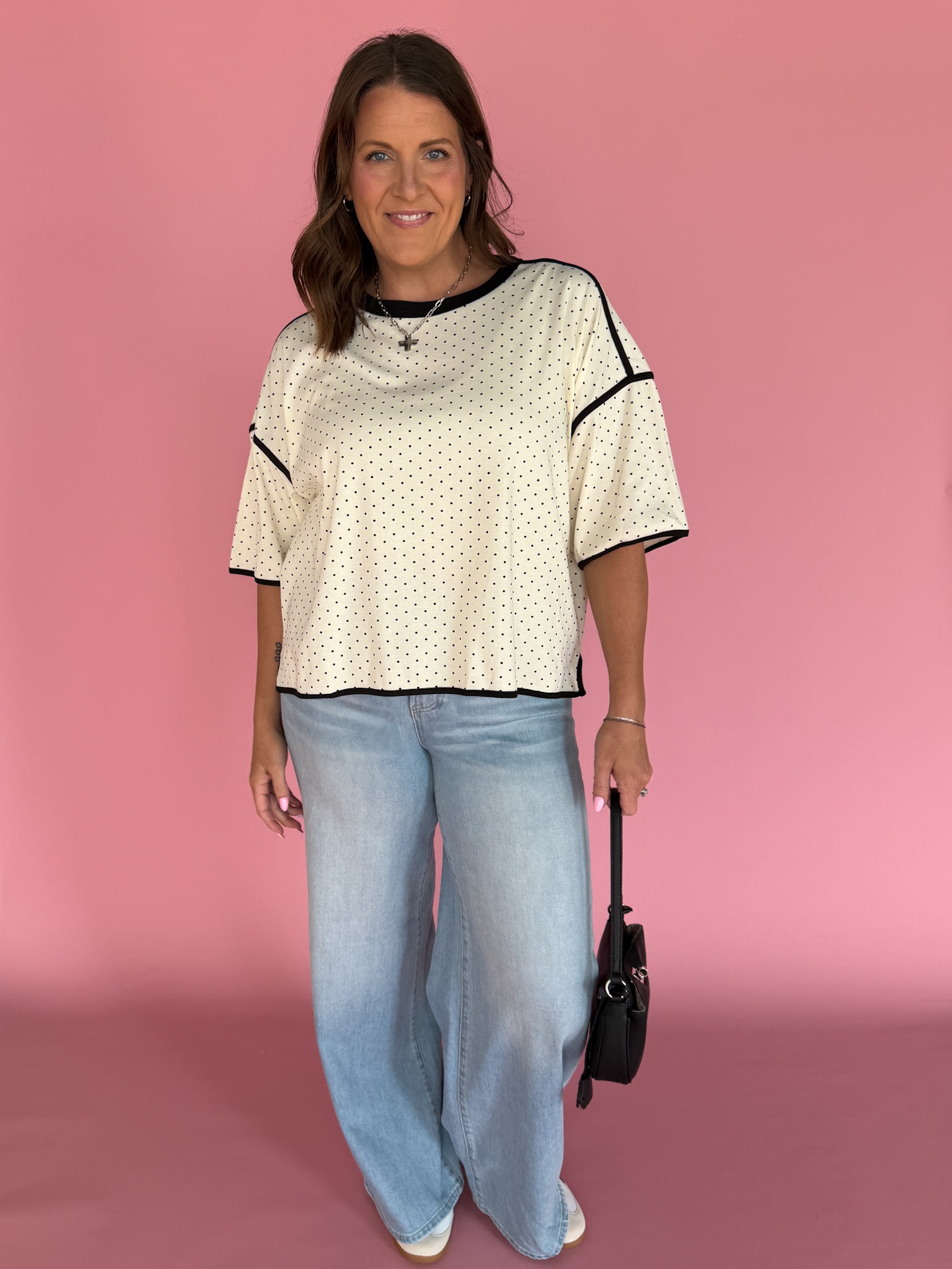 Polka Dot Exposed Hem Tee-Cream - Ana Patricia Boutique