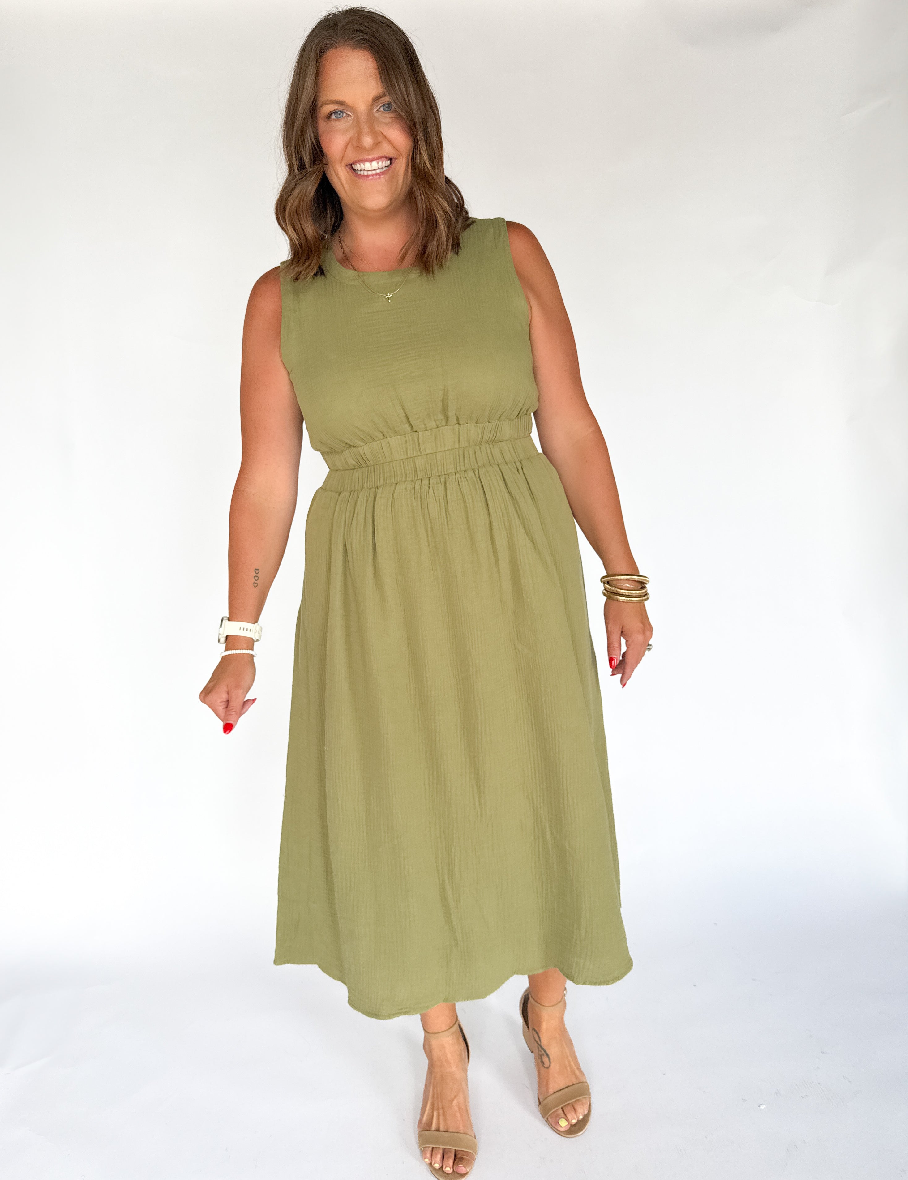 Cut Out Waist Midi Dress- Olive Small Cut Out Waist Midi Dress- Olive Small