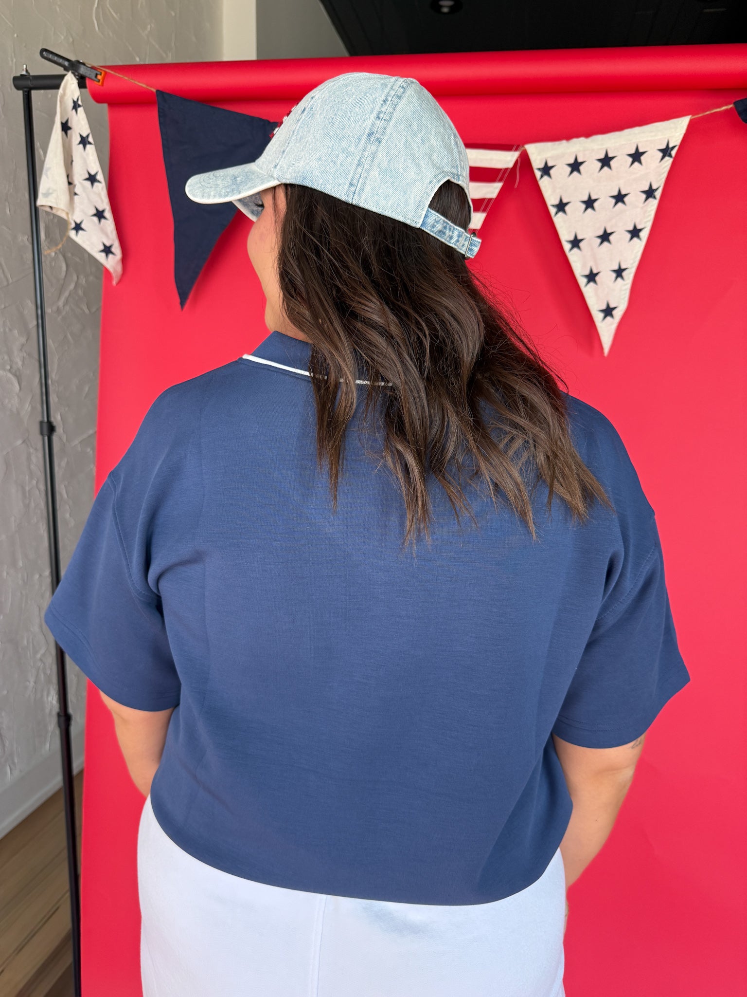 V Neck Piping Top- Navy - Ana Patricia Boutique