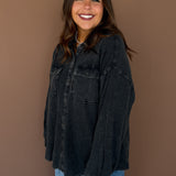Mineral Wash Waffleknit Button Up-Black
