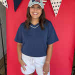 V Neck Piping Top- Navy - Ana Patricia Boutique