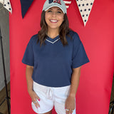 V Neck Piping Top- Navy - Ana Patricia Boutique