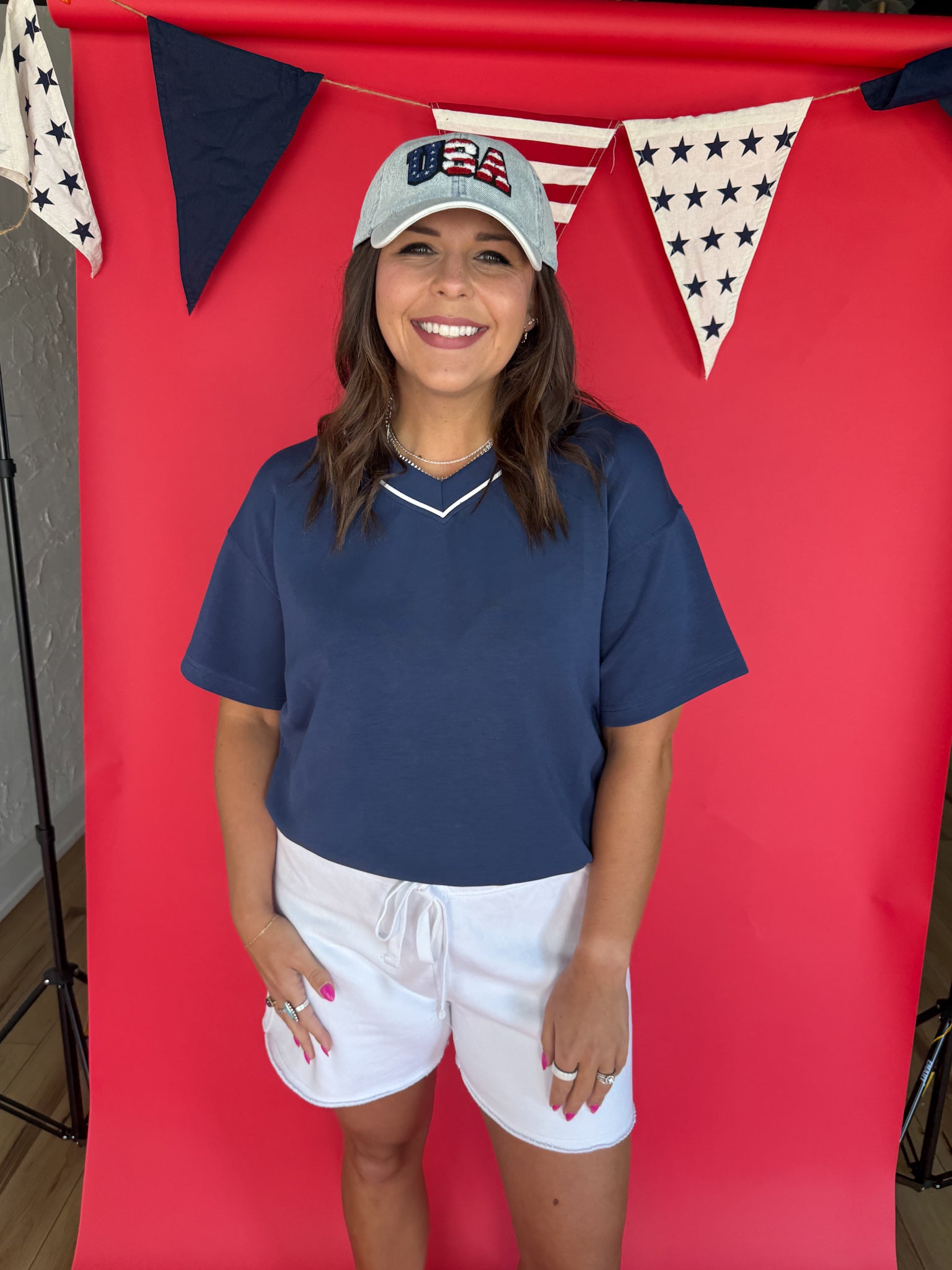 V Neck Piping Top- Navy - Ana Patricia Boutique