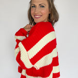 Stripe V Neck Cardigan- Red/Ivory - Ana Patricia Boutique