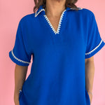 Scallop Embroidery Collared Top- Blue - Ana Patricia Boutique