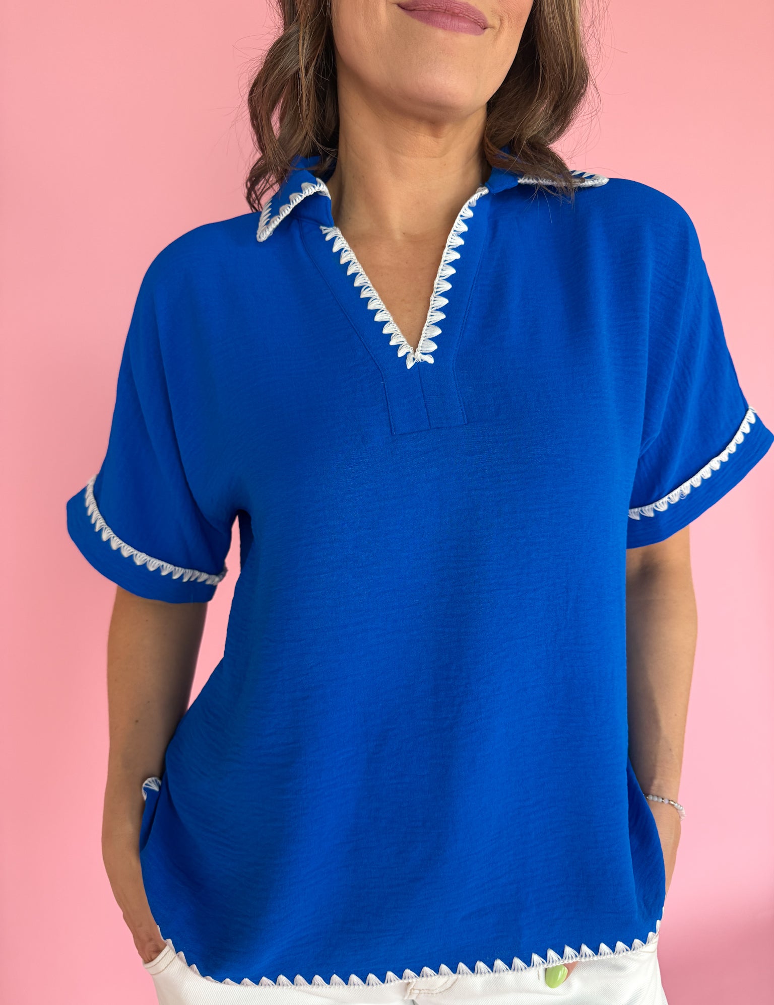Scallop Embroidery Collared Top- Blue - Ana Patricia Boutique