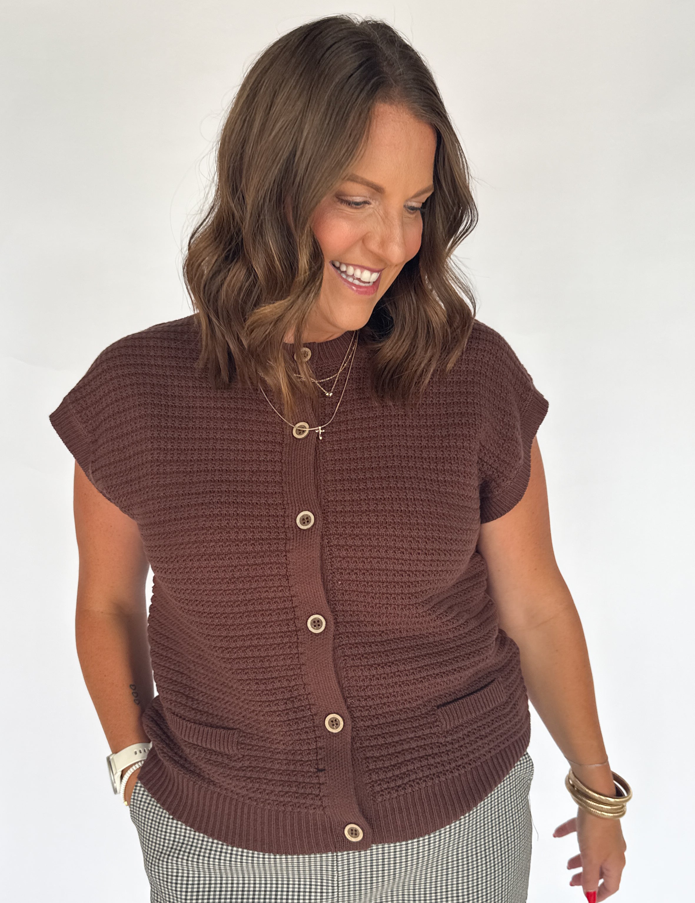 Button Down Cardigan Top- Brown - Ana Patricia Boutique