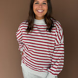 Striped Mock Neck Sweatshirt- H.Grey/Red