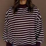 Striped Mock Neck Sweatshirt- Burgundy/Ecru