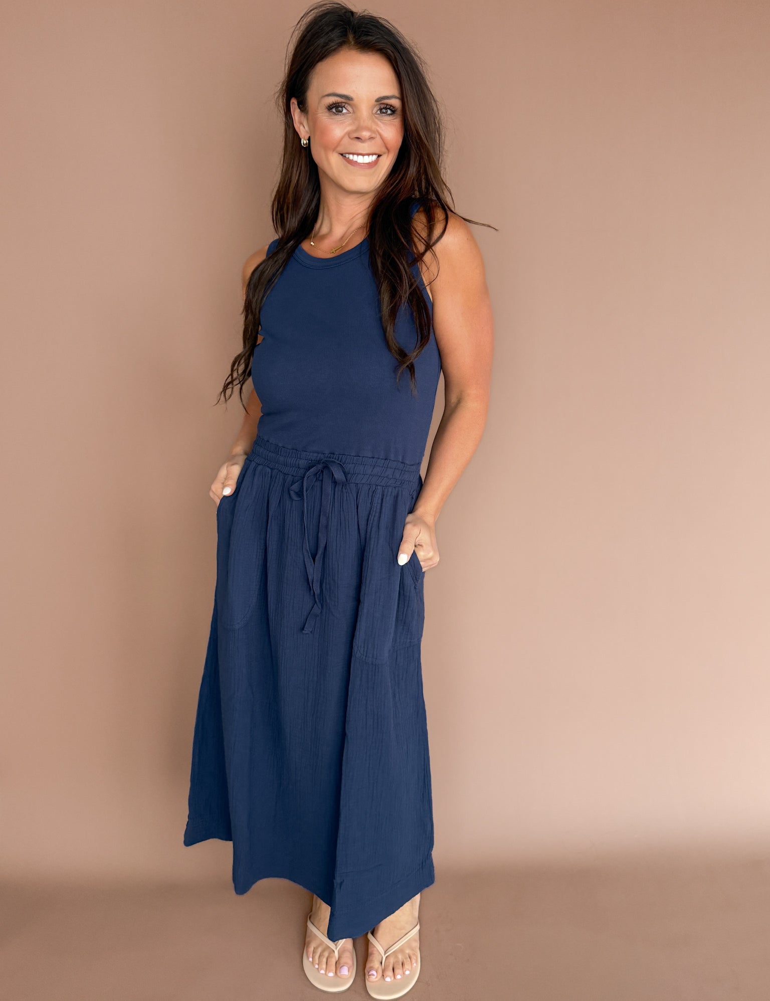 navy blue sleeveless midi dress Navy Blue Ribbed Button Front Sleeveless Midi Dress PinkBlush