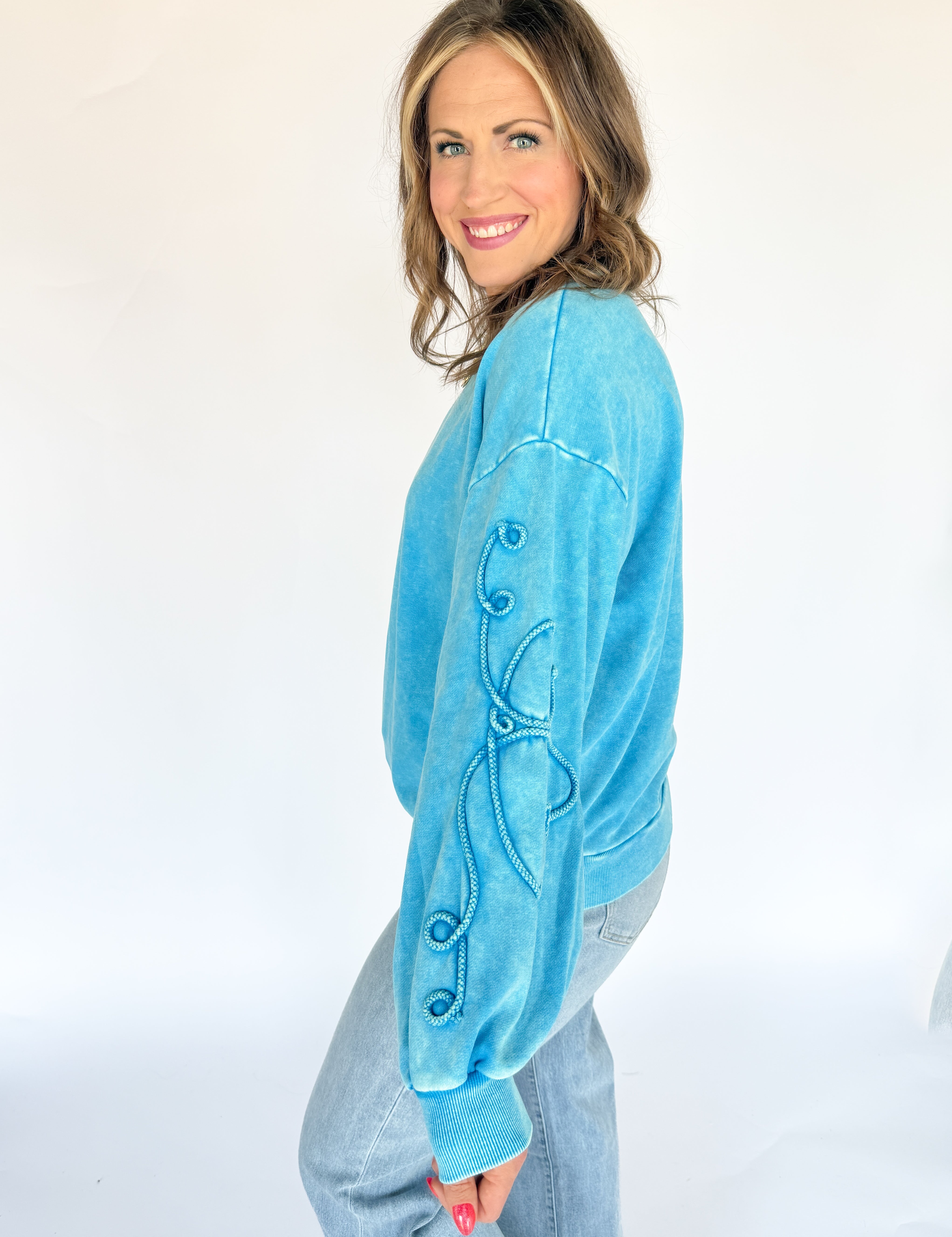 Washed Terry Heart Pullover- Blue - Ana Patricia Boutique