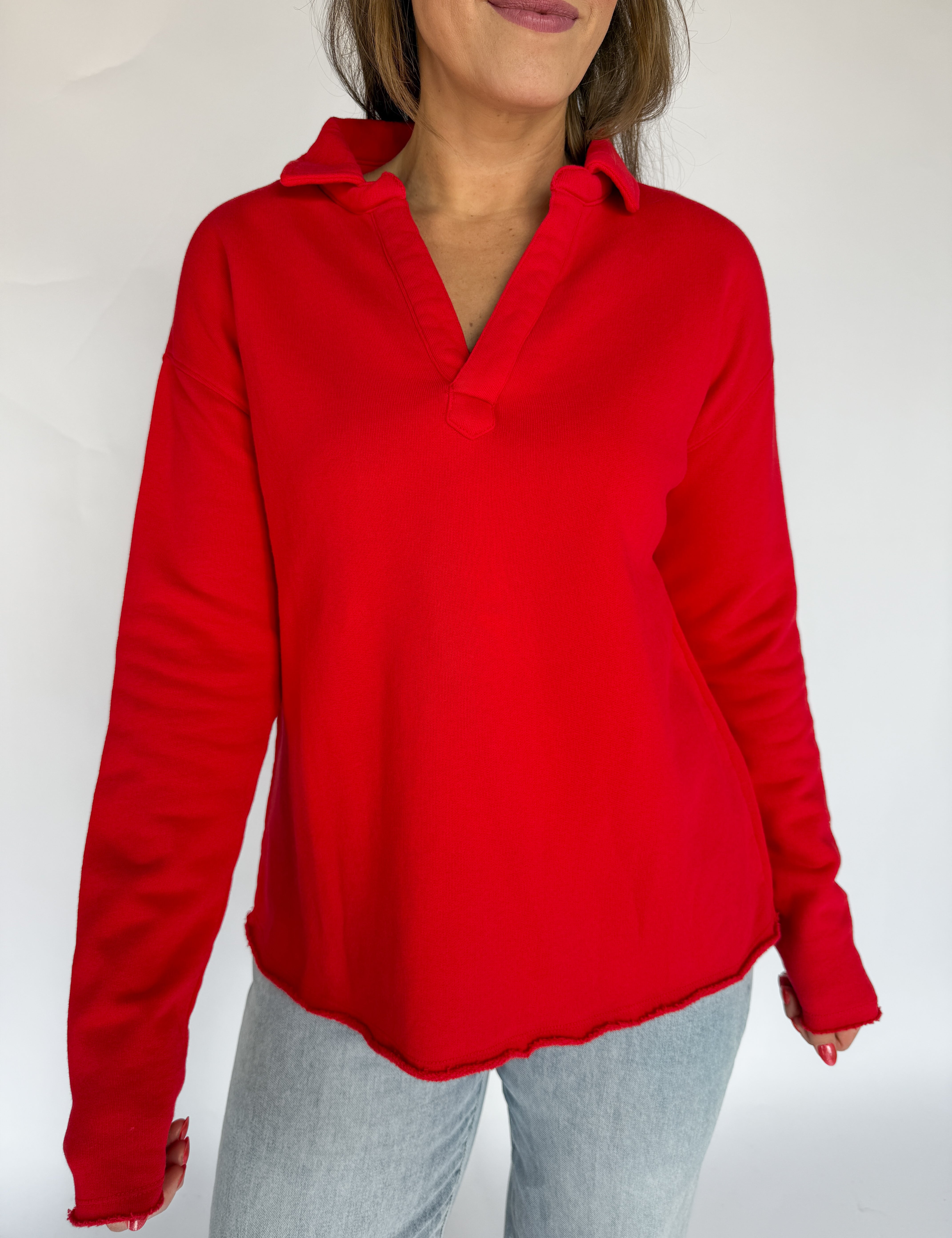 Long Sleeve Henley Top- Red - Ana Patricia Boutique