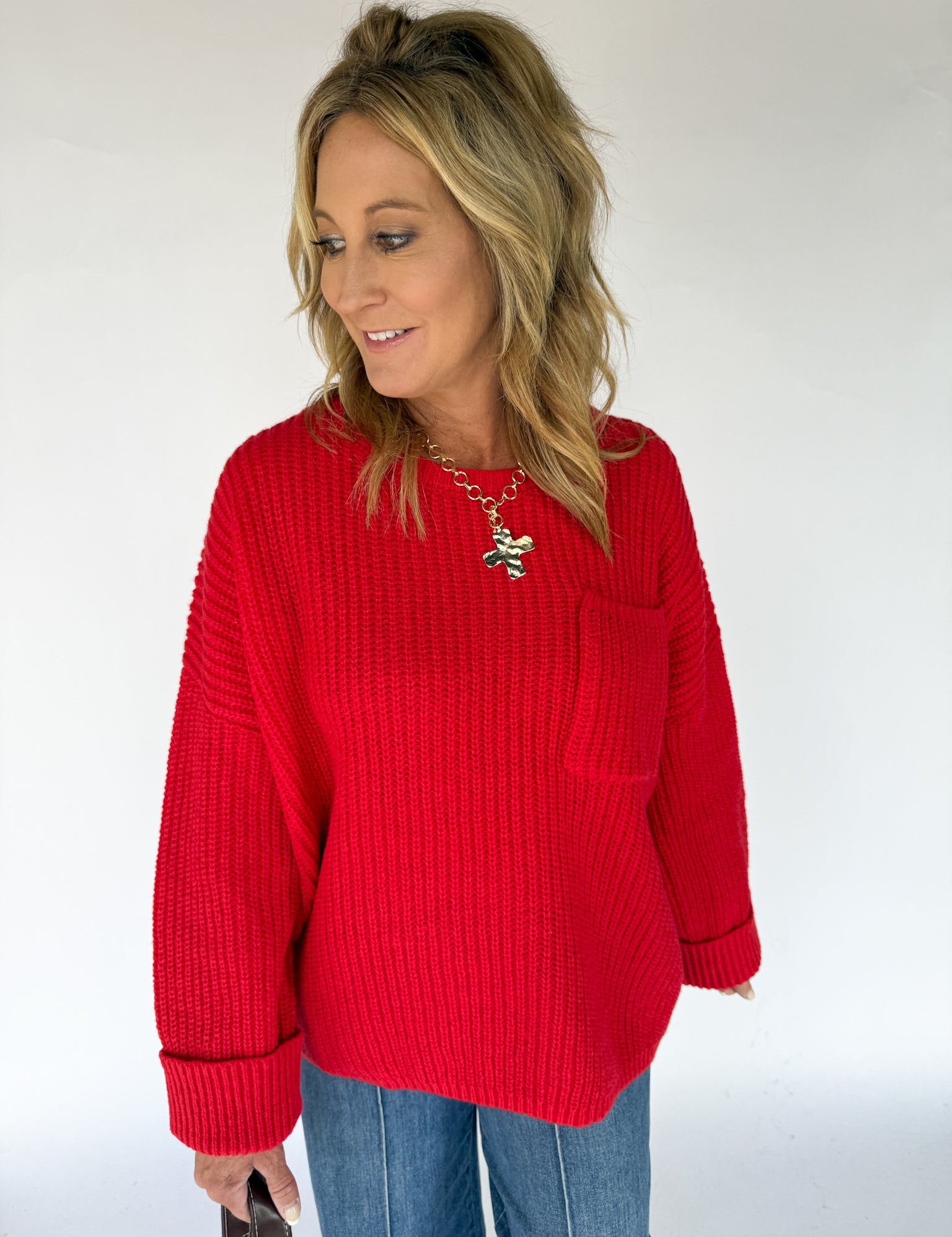 Oversized Front Pocket Sweater- Red - Ana Patricia Boutique