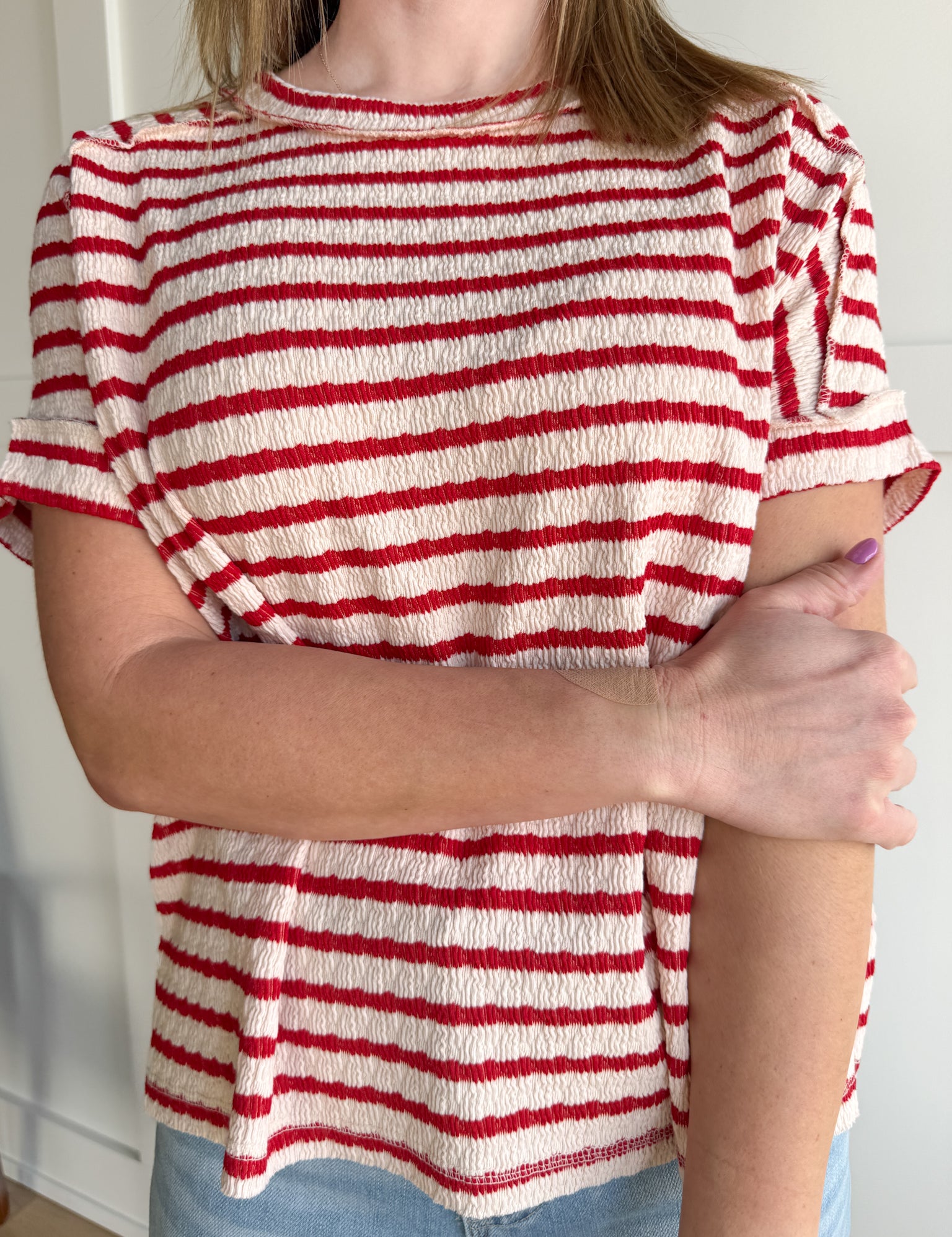 Striped Hi Lo Short Sleeve Top- Red - Ana Patricia Boutique