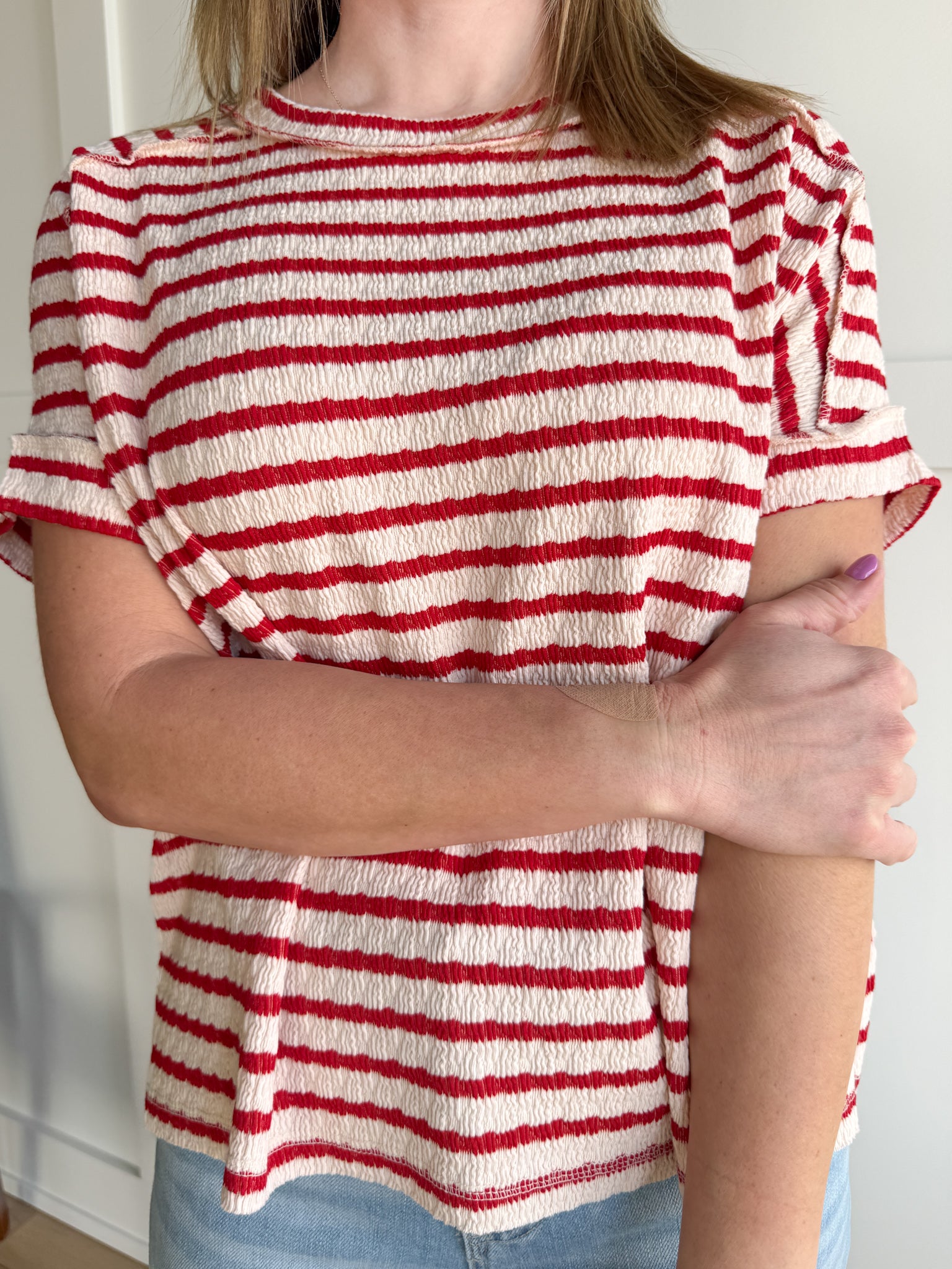 Striped Hi Lo Short Sleeve Top- Red - Ana Patricia Boutique