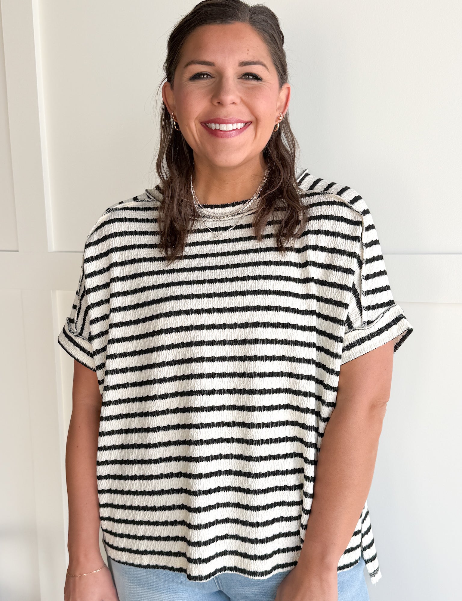 Striped Hi Lo Short Sleeve Top- Black - Ana Patricia Boutique