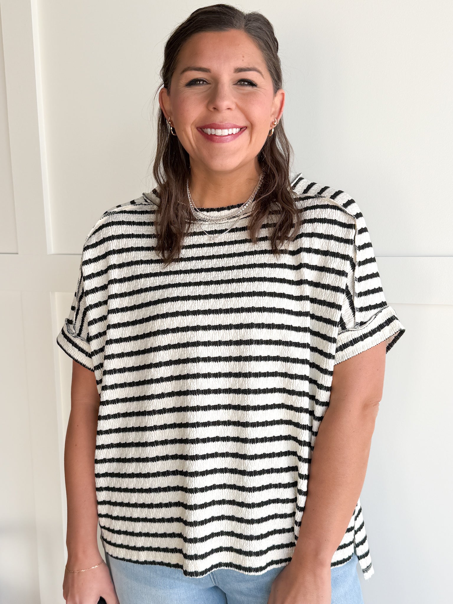 Striped Hi Lo Short Sleeve Top- Black - Ana Patricia Boutique