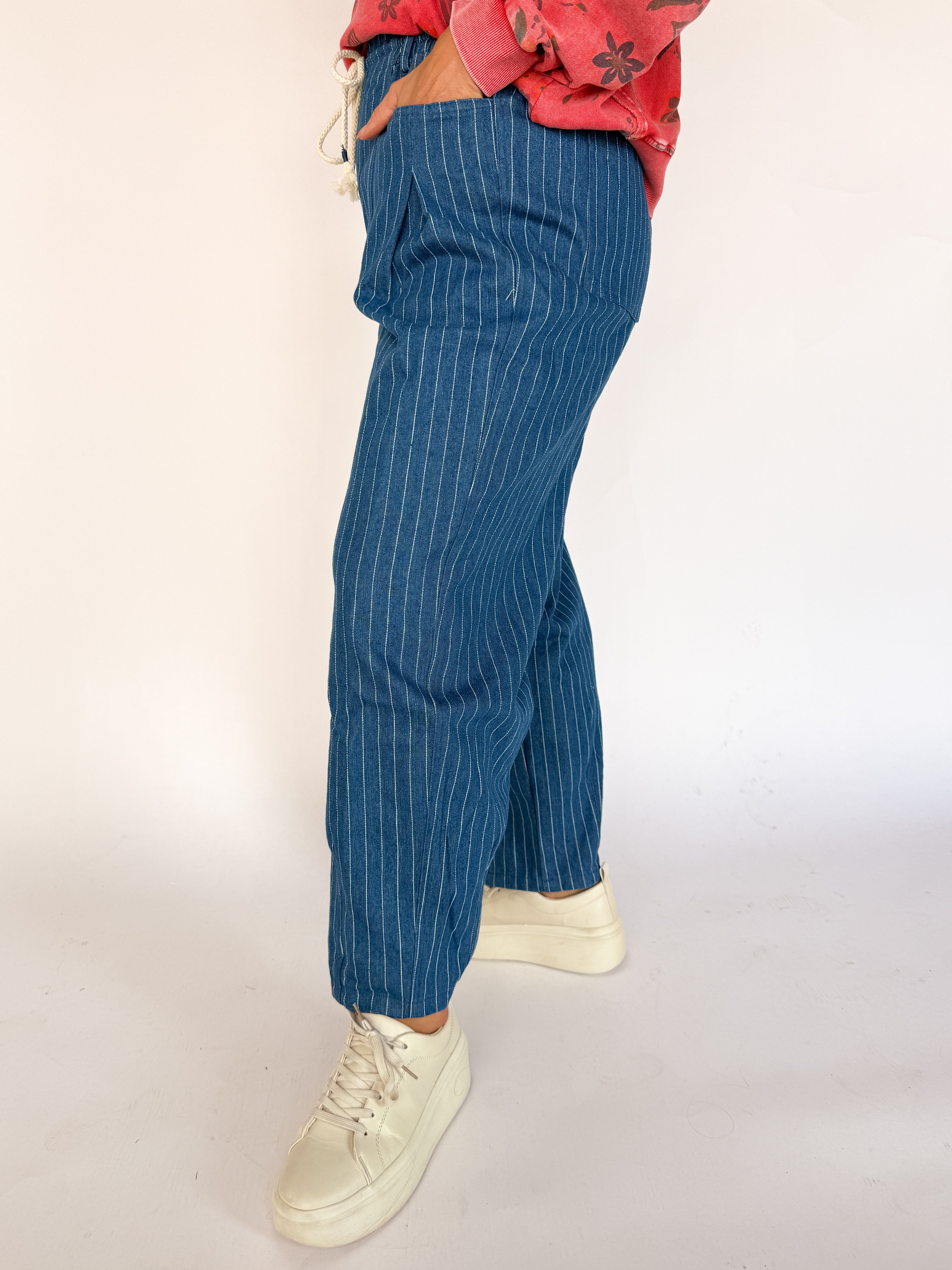 Pinstripe Barrel Jeans- Medium Wash - Ana Patricia Boutique